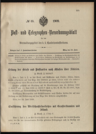 Post- und Telegraphen-Verordnungsblatt für das Verwaltungsgebiet des K.-K. Handelsministeriums 19090626 Seite: 1