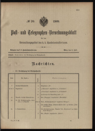 Post- und Telegraphen-Verordnungsblatt für das Verwaltungsgebiet des K.-K. Handelsministeriums 19090702 Seite: 1