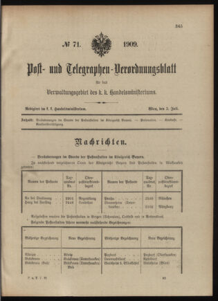 Post- und Telegraphen-Verordnungsblatt für das Verwaltungsgebiet des K.-K. Handelsministeriums 19090703 Seite: 1