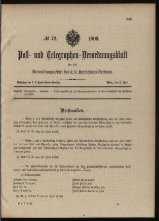 Post- und Telegraphen-Verordnungsblatt für das Verwaltungsgebiet des K.-K. Handelsministeriums 19090705 Seite: 1