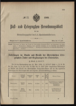 Post- und Telegraphen-Verordnungsblatt für das Verwaltungsgebiet des K.-K. Handelsministeriums 19090719 Seite: 1