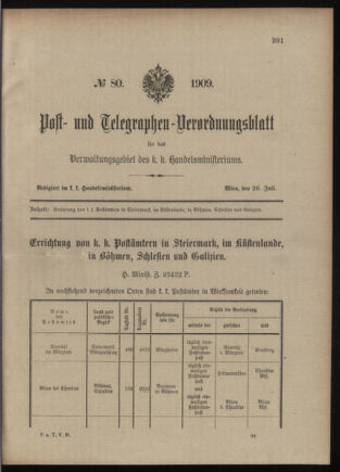 Post- und Telegraphen-Verordnungsblatt für das Verwaltungsgebiet des K.-K. Handelsministeriums 19090726 Seite: 1