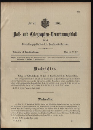 Post- und Telegraphen-Verordnungsblatt für das Verwaltungsgebiet des K.-K. Handelsministeriums 19090727 Seite: 1