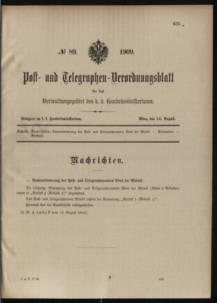 Post- und Telegraphen-Verordnungsblatt für das Verwaltungsgebiet des K.-K. Handelsministeriums 19090816 Seite: 1