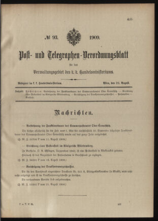 Post- und Telegraphen-Verordnungsblatt für das Verwaltungsgebiet des K.-K. Handelsministeriums 19090826 Seite: 1