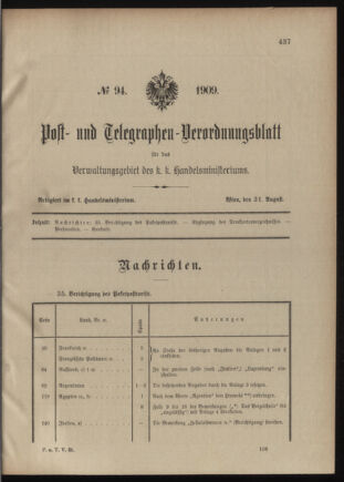 Post- und Telegraphen-Verordnungsblatt für das Verwaltungsgebiet des K.-K. Handelsministeriums 19090831 Seite: 1