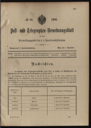 Post- und Telegraphen-Verordnungsblatt für das Verwaltungsgebiet des K.-K. Handelsministeriums 19090901 Seite: 1