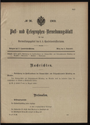 Post- und Telegraphen-Verordnungsblatt für das Verwaltungsgebiet des K.-K. Handelsministeriums 19090904 Seite: 1