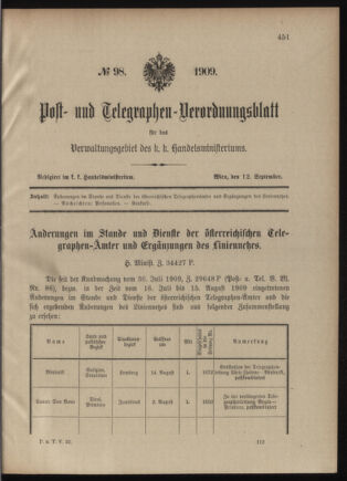 Post- und Telegraphen-Verordnungsblatt für das Verwaltungsgebiet des K.-K. Handelsministeriums 19090912 Seite: 1