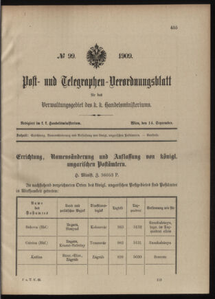 Post- und Telegraphen-Verordnungsblatt für das Verwaltungsgebiet des K.-K. Handelsministeriums 19090914 Seite: 1