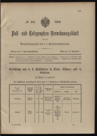 Post- und Telegraphen-Verordnungsblatt für das Verwaltungsgebiet des K.-K. Handelsministeriums 19090916 Seite: 1