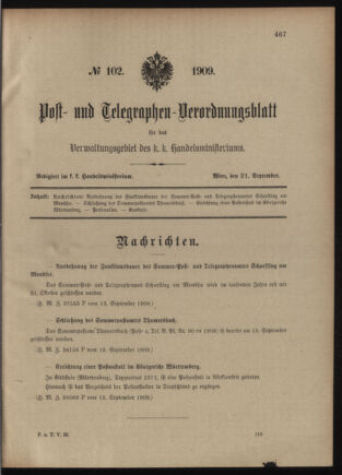 Post- und Telegraphen-Verordnungsblatt für das Verwaltungsgebiet des K.-K. Handelsministeriums 19090921 Seite: 1