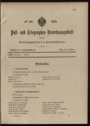 Post- und Telegraphen-Verordnungsblatt für das Verwaltungsgebiet des K.-K. Handelsministeriums 19091001 Seite: 1