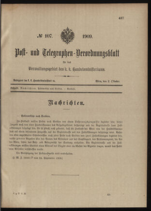 Post- und Telegraphen-Verordnungsblatt für das Verwaltungsgebiet des K.-K. Handelsministeriums 19091002 Seite: 1