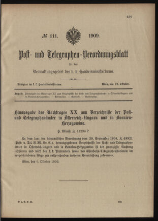 Post- und Telegraphen-Verordnungsblatt für das Verwaltungsgebiet des K.-K. Handelsministeriums 19091012 Seite: 1