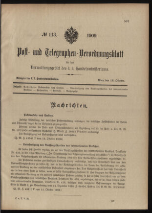 Post- und Telegraphen-Verordnungsblatt für das Verwaltungsgebiet des K.-K. Handelsministeriums 19091018 Seite: 1