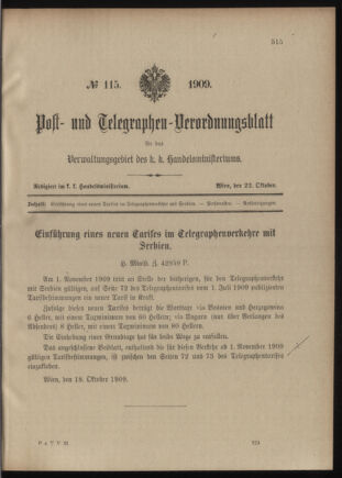 Post- und Telegraphen-Verordnungsblatt für das Verwaltungsgebiet des K.-K. Handelsministeriums 19091022 Seite: 1