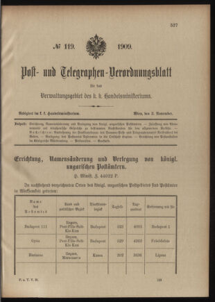 Post- und Telegraphen-Verordnungsblatt für das Verwaltungsgebiet des K.-K. Handelsministeriums 19091103 Seite: 1