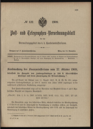 Post- und Telegraphen-Verordnungsblatt für das Verwaltungsgebiet des K.-K. Handelsministeriums 19091110 Seite: 1