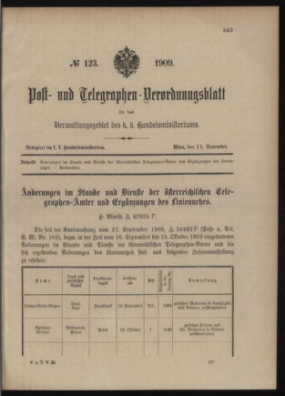 Post- und Telegraphen-Verordnungsblatt für das Verwaltungsgebiet des K.-K. Handelsministeriums 19091111 Seite: 1