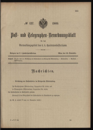 Post- und Telegraphen-Verordnungsblatt für das Verwaltungsgebiet des K.-K. Handelsministeriums 19091124 Seite: 1