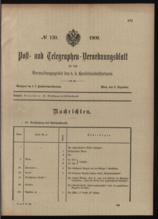 Post- und Telegraphen-Verordnungsblatt für das Verwaltungsgebiet des K.-K. Handelsministeriums 19091203 Seite: 1