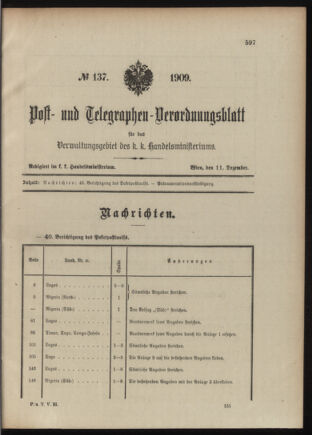 Post- und Telegraphen-Verordnungsblatt für das Verwaltungsgebiet des K.-K. Handelsministeriums 19091211 Seite: 1