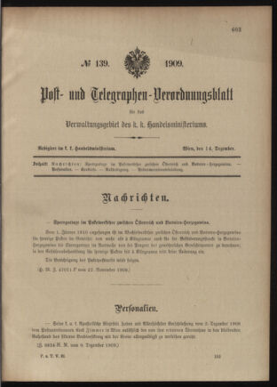 Post- und Telegraphen-Verordnungsblatt für das Verwaltungsgebiet des K.-K. Handelsministeriums 19091214 Seite: 1