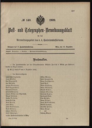 Post- und Telegraphen-Verordnungsblatt für das Verwaltungsgebiet des K.-K. Handelsministeriums 19091215 Seite: 1