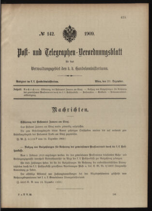 Post- und Telegraphen-Verordnungsblatt für das Verwaltungsgebiet des K.-K. Handelsministeriums 19091221 Seite: 1