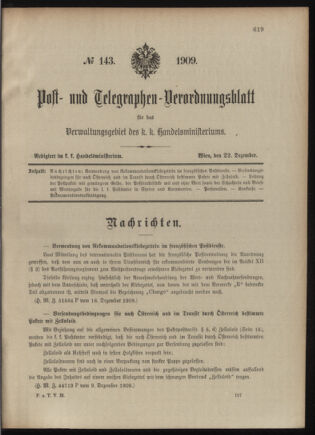 Post- und Telegraphen-Verordnungsblatt für das Verwaltungsgebiet des K.-K. Handelsministeriums 19091222 Seite: 1