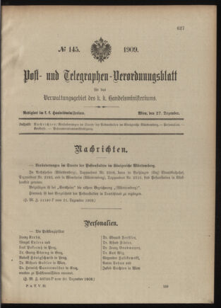 Post- und Telegraphen-Verordnungsblatt für das Verwaltungsgebiet des K.-K. Handelsministeriums 19091227 Seite: 1