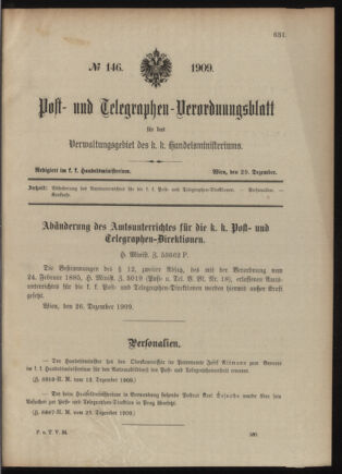 Post- und Telegraphen-Verordnungsblatt für das Verwaltungsgebiet des K.-K. Handelsministeriums 19091229 Seite: 1