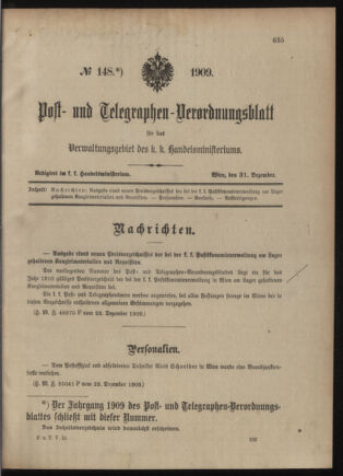 Post- und Telegraphen-Verordnungsblatt für das Verwaltungsgebiet des K.-K. Handelsministeriums 19091231 Seite: 1