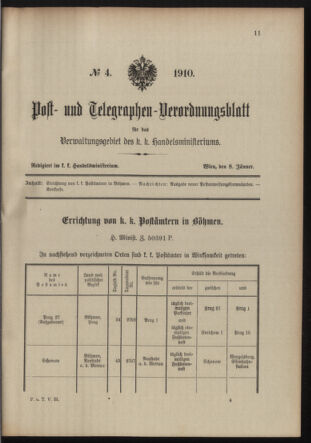 Post- und Telegraphen-Verordnungsblatt für das Verwaltungsgebiet des K.-K. Handelsministeriums 19100108 Seite: 1