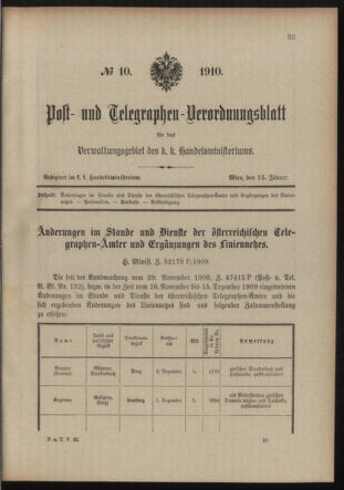 Post- und Telegraphen-Verordnungsblatt für das Verwaltungsgebiet des K.-K. Handelsministeriums 19100115 Seite: 1