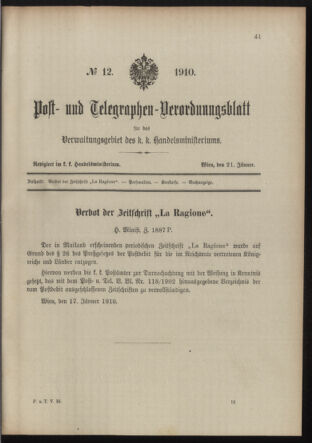 Post- und Telegraphen-Verordnungsblatt für das Verwaltungsgebiet des K.-K. Handelsministeriums 19100121 Seite: 1