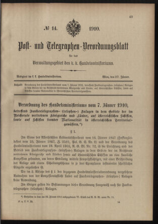 Post- und Telegraphen-Verordnungsblatt für das Verwaltungsgebiet des K.-K. Handelsministeriums 19100127 Seite: 1