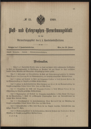 Post- und Telegraphen-Verordnungsblatt für das Verwaltungsgebiet des K.-K. Handelsministeriums 19100128 Seite: 1