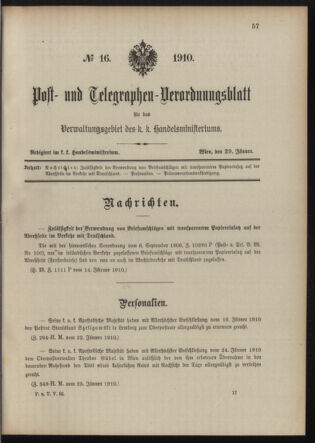 Post- und Telegraphen-Verordnungsblatt für das Verwaltungsgebiet des K.-K. Handelsministeriums 19100129 Seite: 1