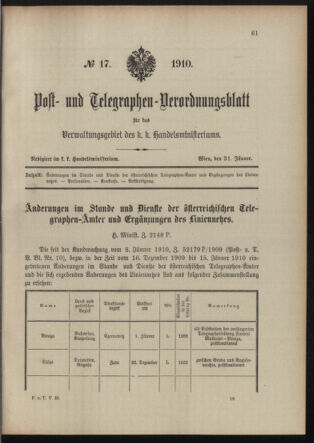 Post- und Telegraphen-Verordnungsblatt für das Verwaltungsgebiet des K.-K. Handelsministeriums 19100131 Seite: 1