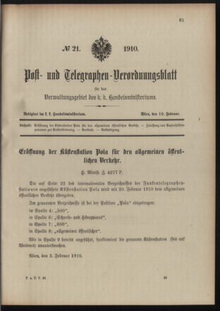 Post- und Telegraphen-Verordnungsblatt für das Verwaltungsgebiet des K.-K. Handelsministeriums 19100210 Seite: 1