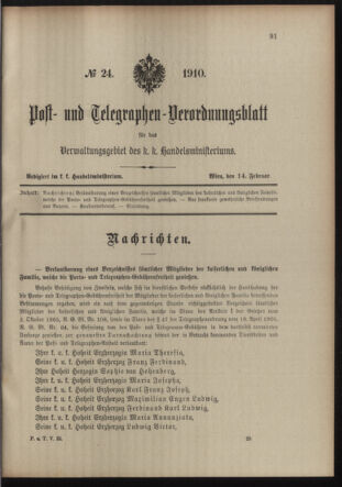 Post- und Telegraphen-Verordnungsblatt für das Verwaltungsgebiet des K.-K. Handelsministeriums 19100214 Seite: 1