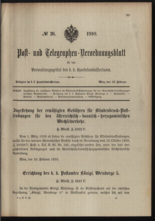 Post- und Telegraphen-Verordnungsblatt für das Verwaltungsgebiet des K.-K. Handelsministeriums 19100218 Seite: 1