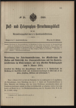 Post- und Telegraphen-Verordnungsblatt für das Verwaltungsgebiet des K.-K. Handelsministeriums 19100222 Seite: 1