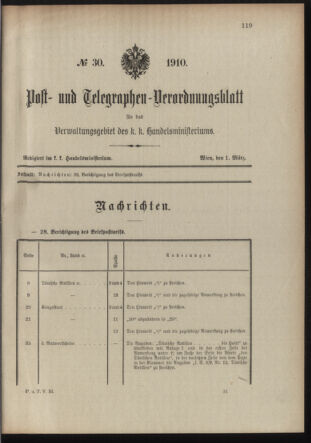 Post- und Telegraphen-Verordnungsblatt für das Verwaltungsgebiet des K.-K. Handelsministeriums 19100301 Seite: 1