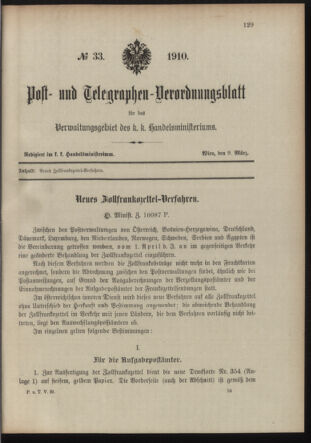 Post- und Telegraphen-Verordnungsblatt für das Verwaltungsgebiet des K.-K. Handelsministeriums 19100309 Seite: 1