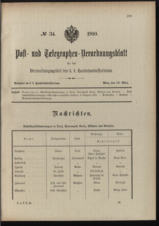 Post- und Telegraphen-Verordnungsblatt für das Verwaltungsgebiet des K.-K. Handelsministeriums 19100310 Seite: 1