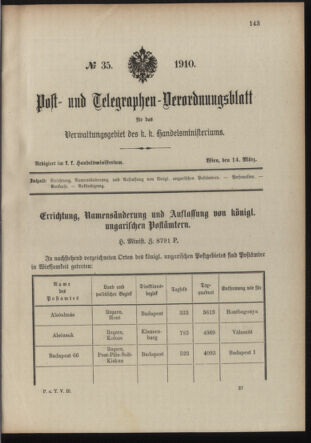 Post- und Telegraphen-Verordnungsblatt für das Verwaltungsgebiet des K.-K. Handelsministeriums 19100314 Seite: 1