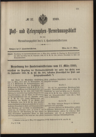 Post- und Telegraphen-Verordnungsblatt für das Verwaltungsgebiet des K.-K. Handelsministeriums 19100317 Seite: 1